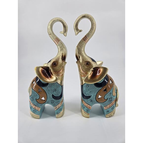 Other Other - Boho Resin Elephant Statue Figurines Feng Shui Gold Tone Blue Tan Pair